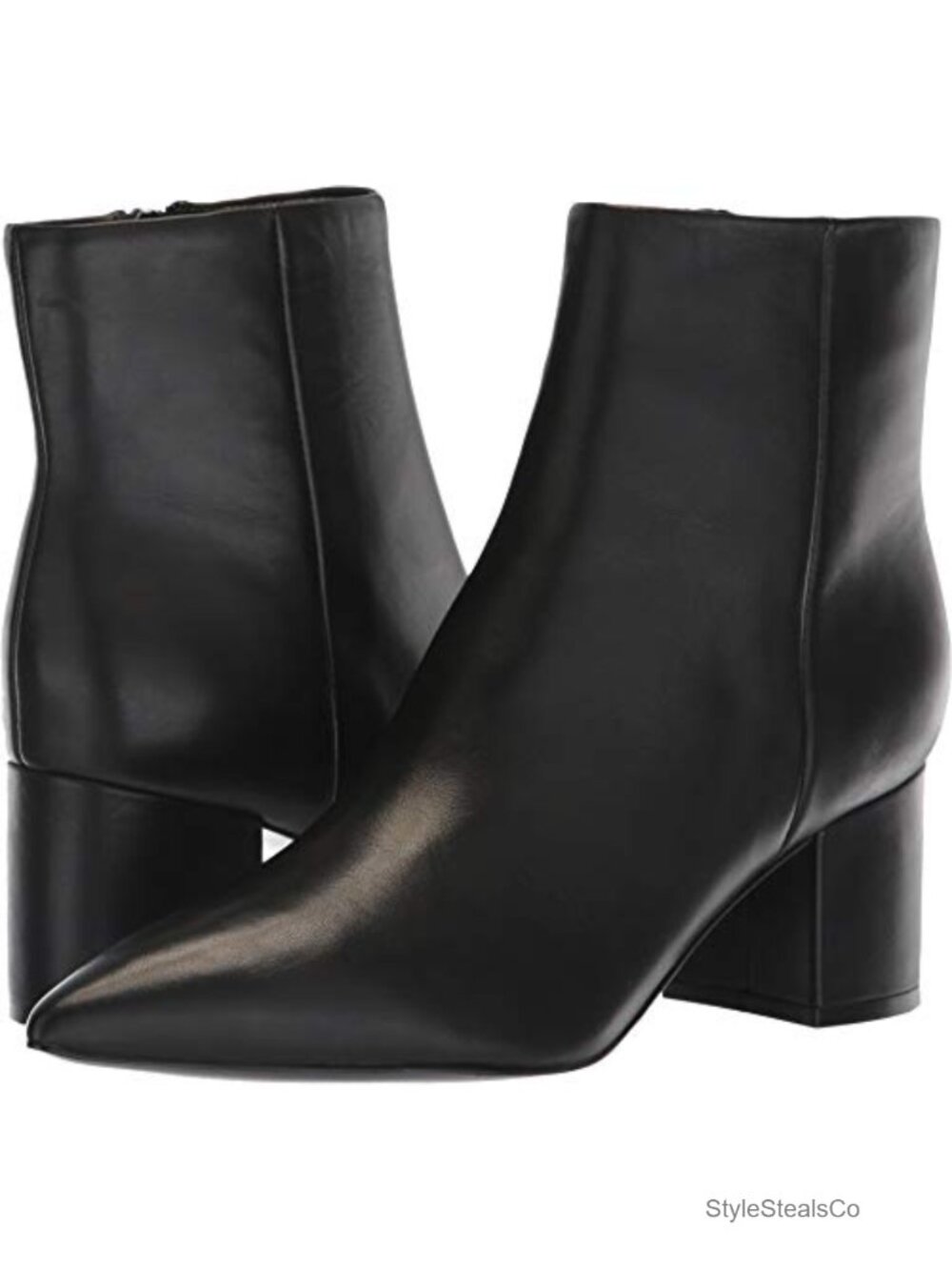 Pointed Toe Ankle Booties Block Heel Side Zip Leather